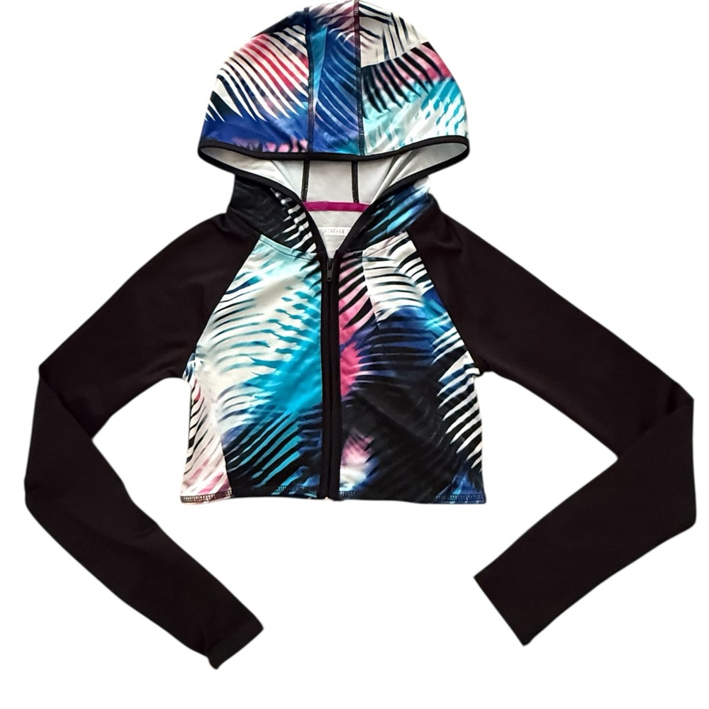 Forever 21 Colorful Palm-Print Hooded Crop Jacket Gyn Workout Performance Zip-up
